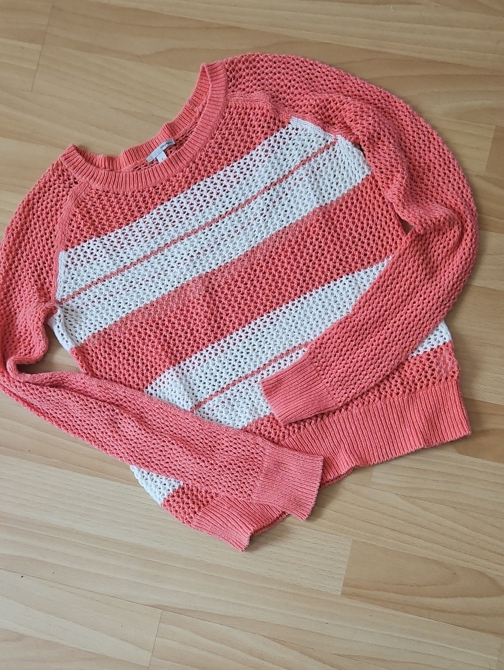 Halogen Coral and White Loose Weave Crewneck Sweater